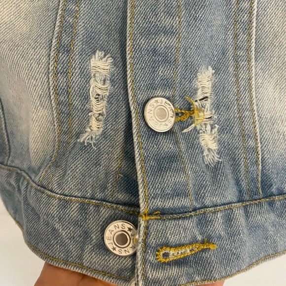 Girls Ripped Denim Jacket Rose Flower Embroidery - Picture 8 of 10